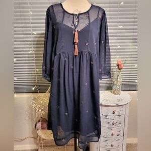 Lucky Brand Sheer Navy Dress with Pink Embroidery